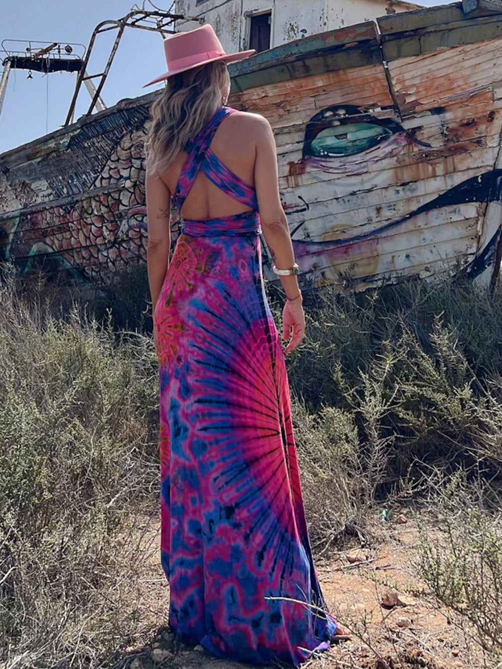 Tie-dye Print V-neck Cross Back Straps Stretch Maxi Dress