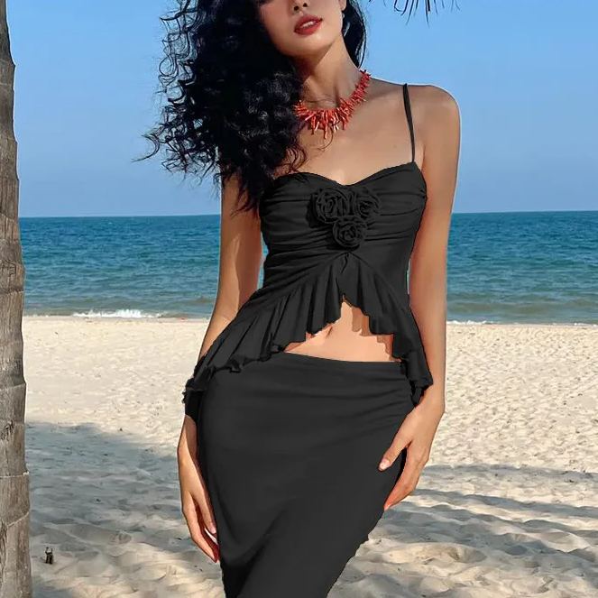 Pileli Midriff Halter Slim-Fit Yırtmaçlı Etek Takımları