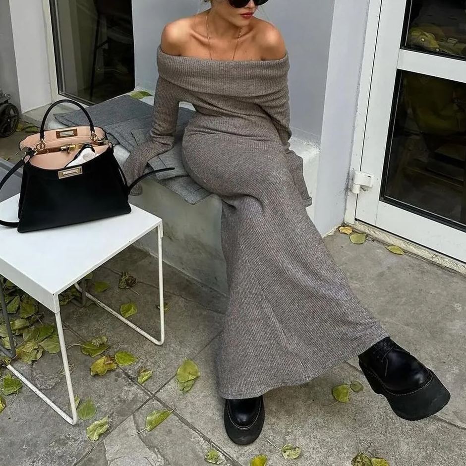 Off Shoulder Fit Knitted Maxi Dress