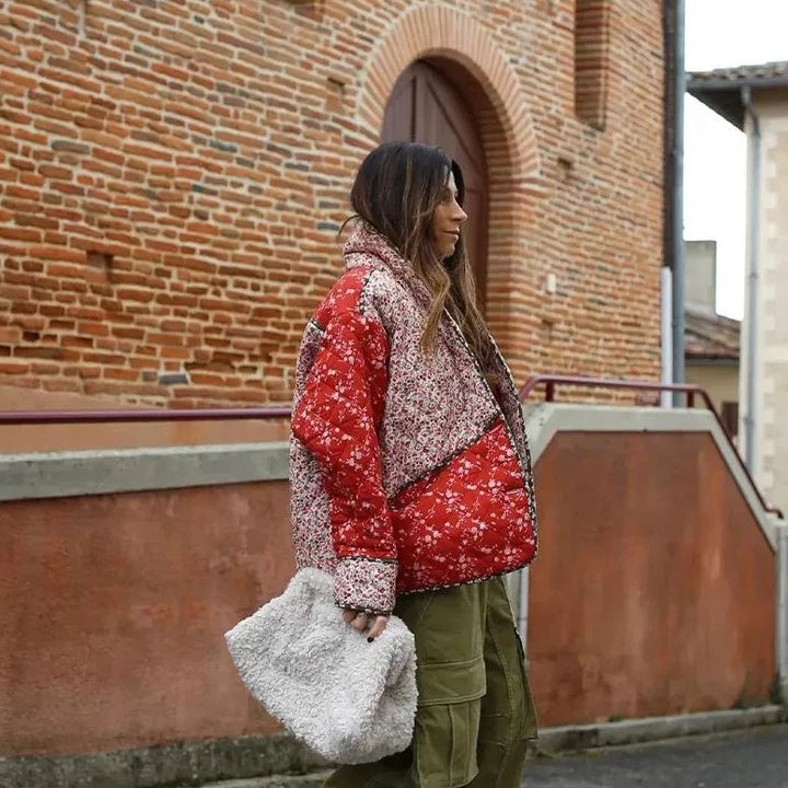 Veste matelassée à imprimé floral et couleur contrastée de style ethnique