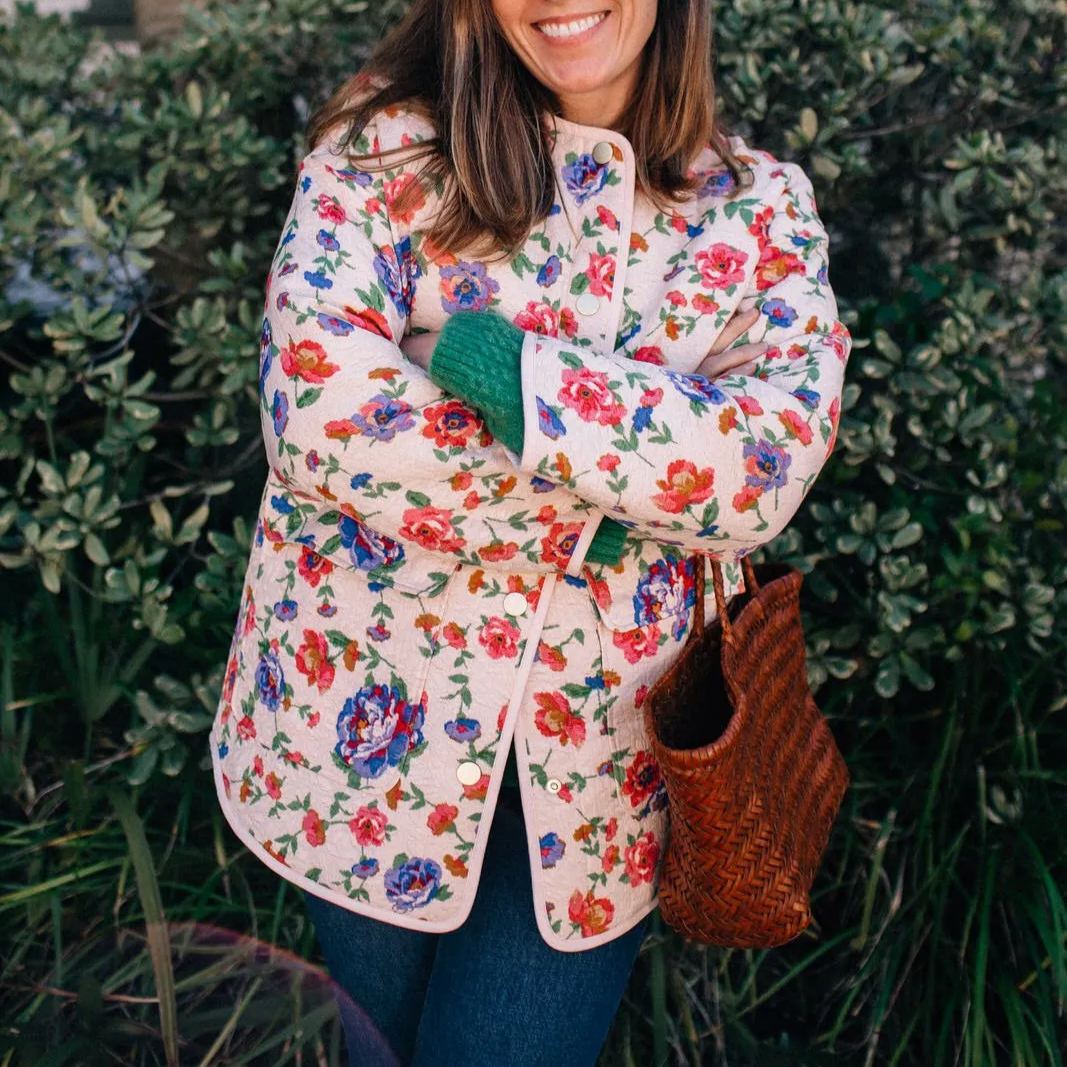 Floral Print Embossed Pockets Cotton Jacket