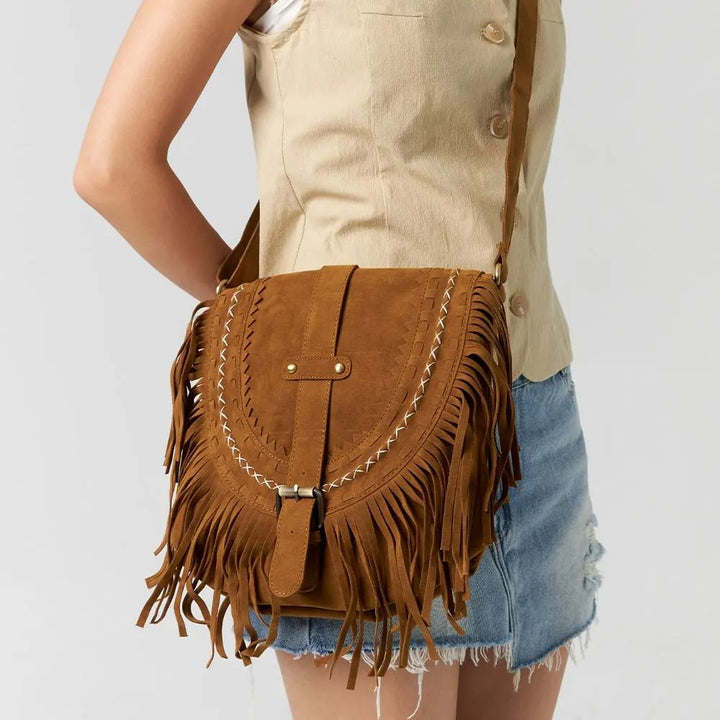 Sac bandoulière à franges style cow-boy marron