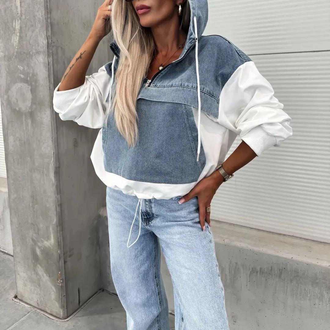 Loose Casual Wash Denim Patchwork Hoodie