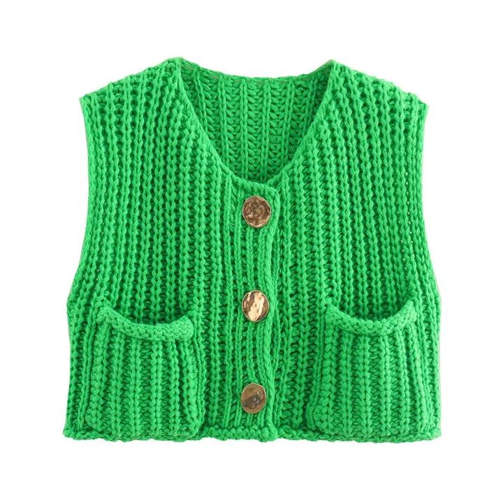 Store knapper ensfarvet strik vest cardigan