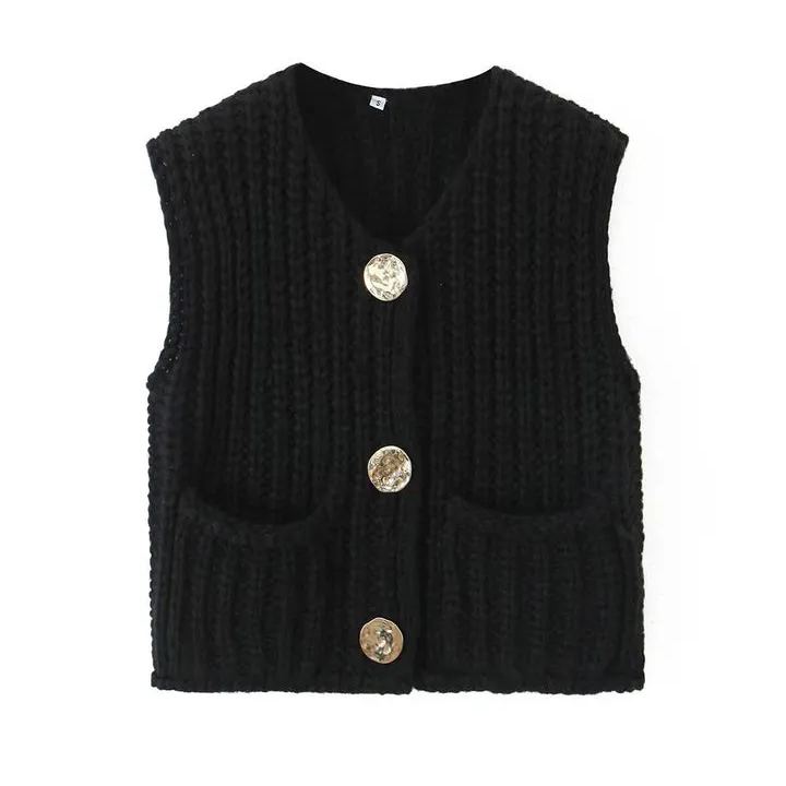 Large Buttons Solid Color Knit Vest Cardigan