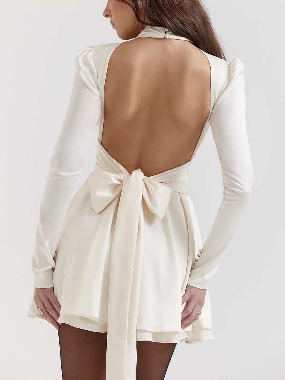 White Lace-Back Bow Detail Long Sleeve Dress