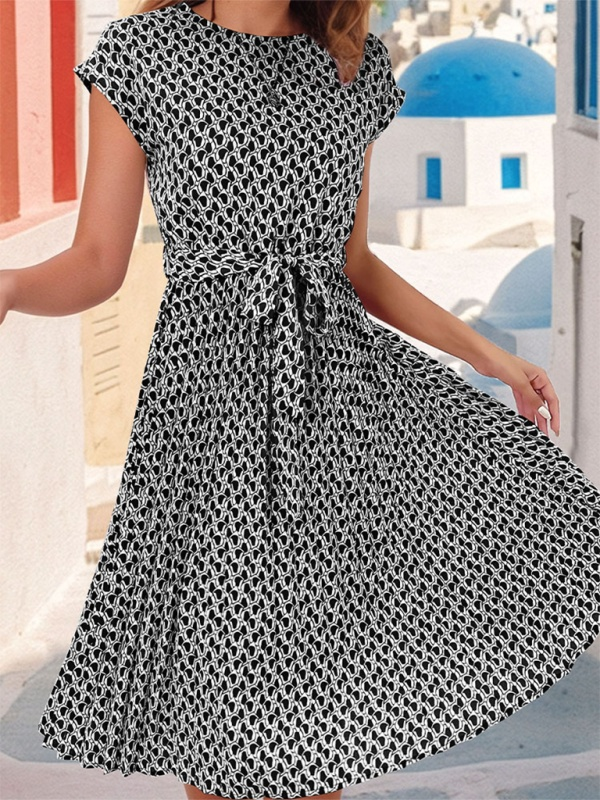 Γυναικείο Μίντι Φόρεμα με κοντομάνικο σχέδιο με δέσιμο στη μέση