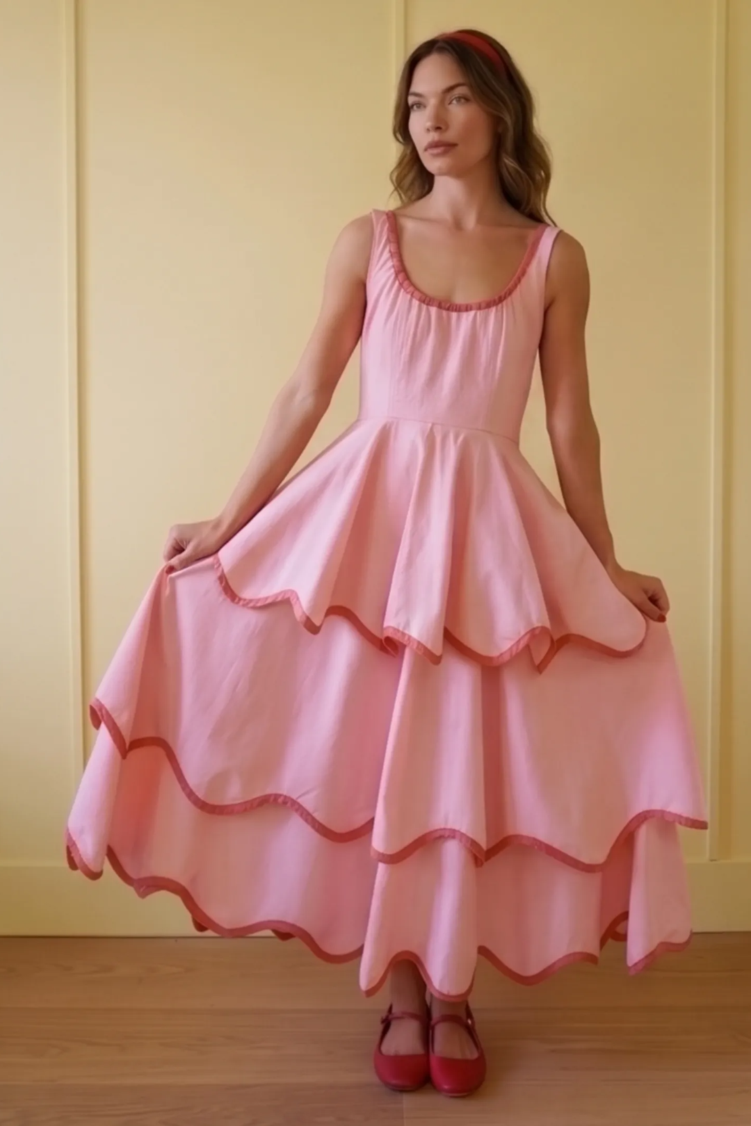 Robe midi évasée à volants avec encolure en U