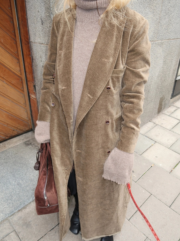 Taupe Corduroy Double Breasted Trench Coat