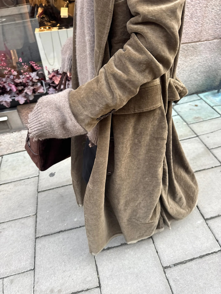 Taupe Corduroy Double Breasted Trench Coat