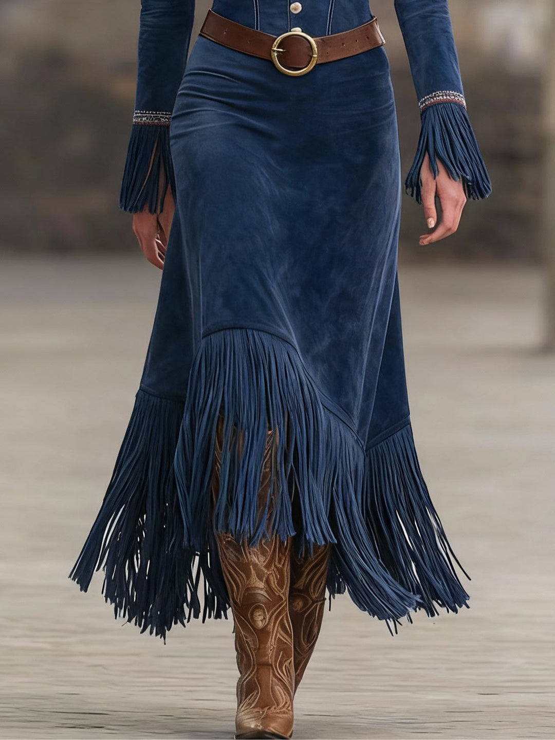 Retro Embroidered Dark Blue Faux Suede Tassel Maxi Dress