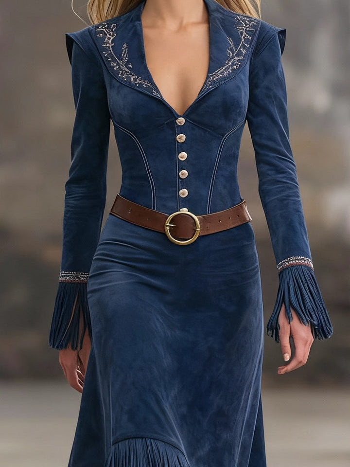 Retro Embroidered Dark Blue Faux Suede Tassel Maxi Dress