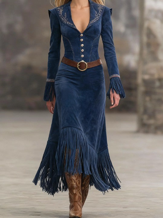 Retro Embroidered Dark Blue Faux Suede Tassel Maxi Dress