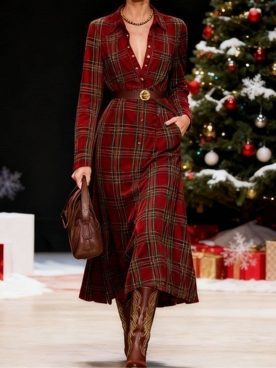 Christmas Red Plaid Collar Button-Down Shirt Dress