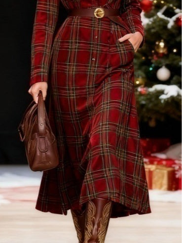 Christmas Red Plaid Collar Button-Down Shirt Dress