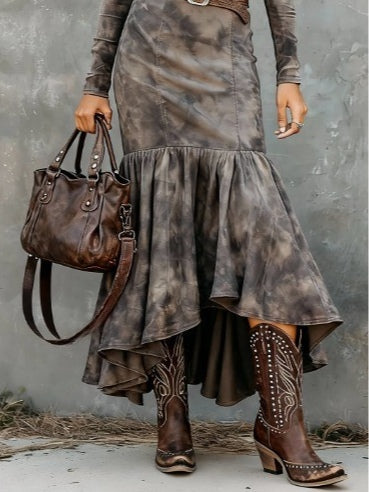 Vestido Midi Vintage em Poliéster com Bainha Evasê