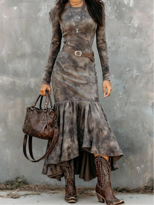 Vestido Midi Vintage em Poliéster com Bainha Evasê