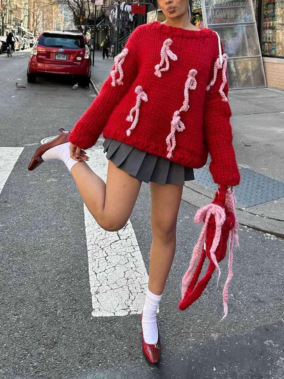 Unique Bow Crew Neck Loose Sweater