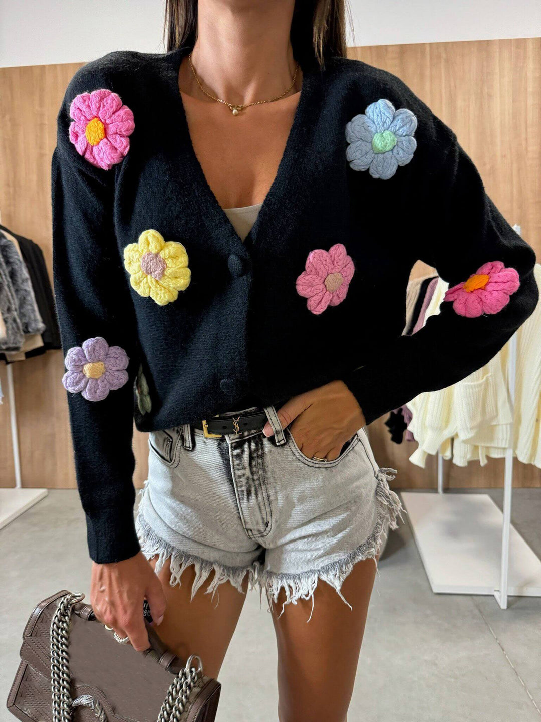 Cardigan casual con fiori all'uncinetto