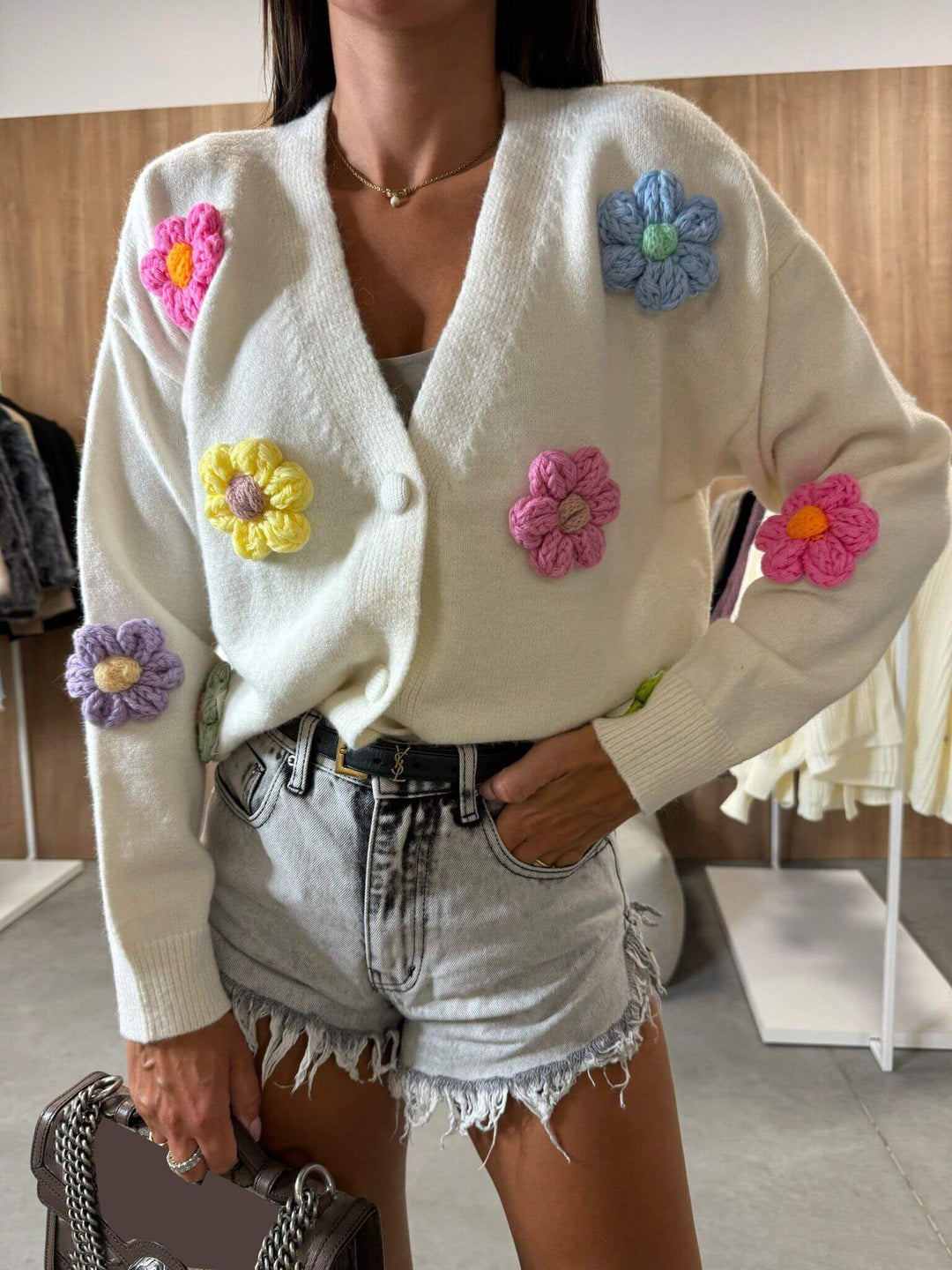 Cardigan casual con fiori all'uncinetto