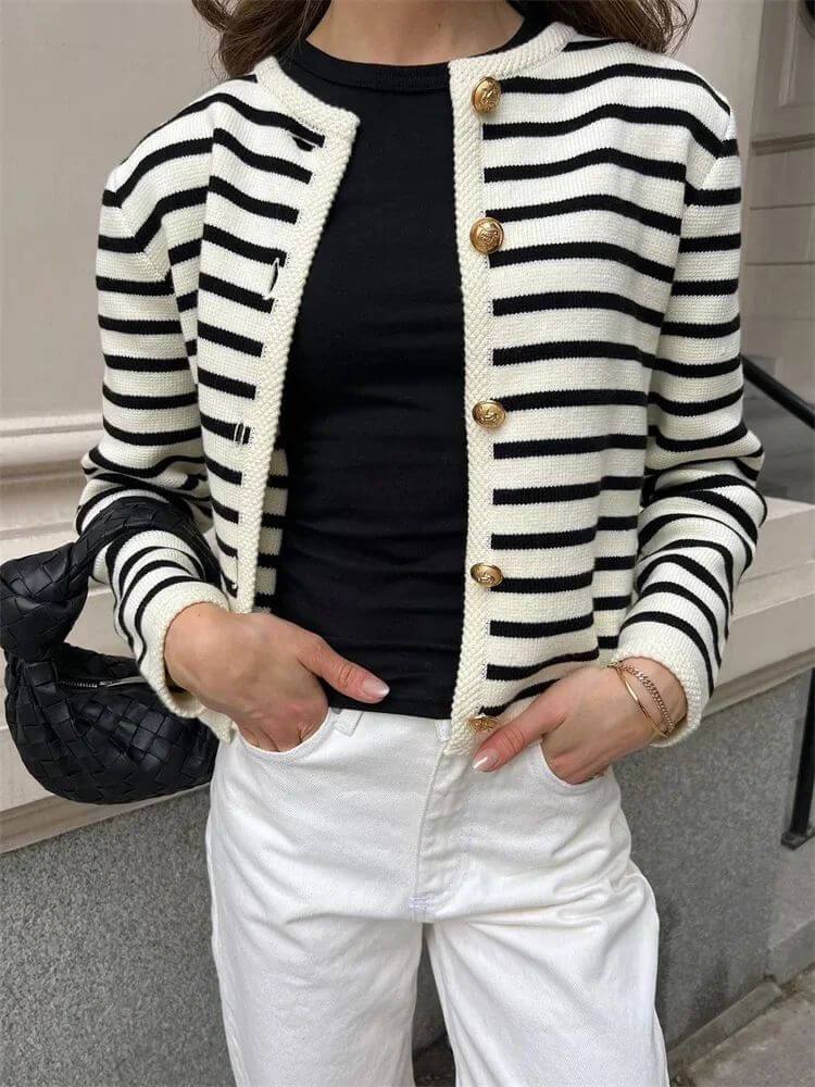 Vintage Striped Crew Neck Knitted Cardigan Jacket