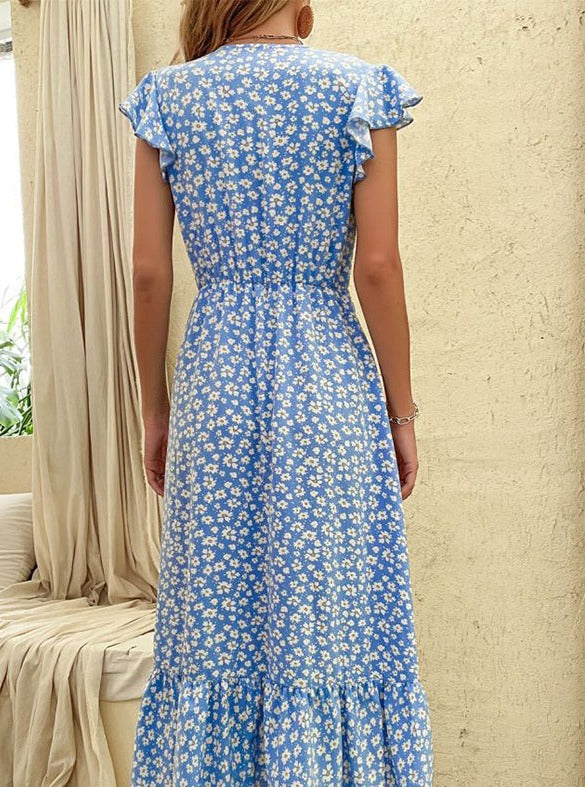 فستان ماكسي بياقة على شكل V وطبعة زهور وربطة خصر