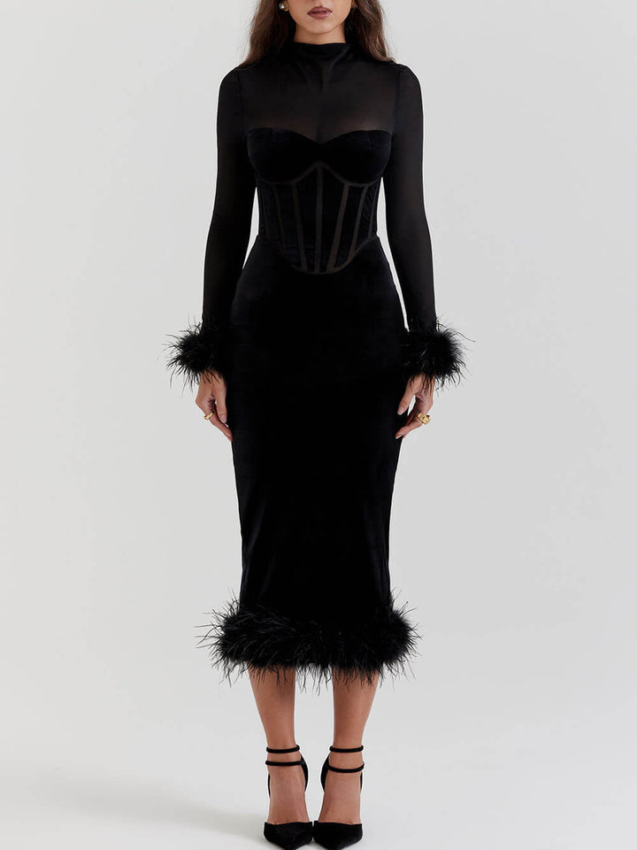 Siyah Kadife Midi Elbise