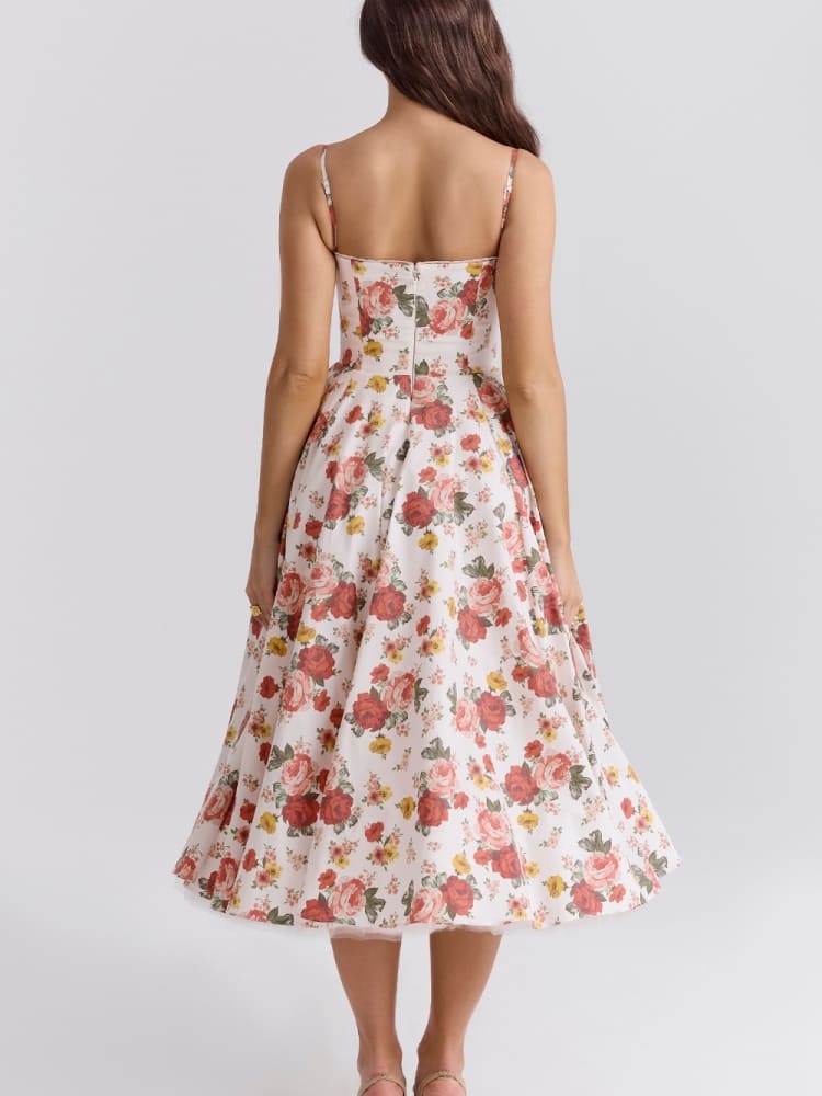 Italiensk Rose Print Tulle Midi-kjole
