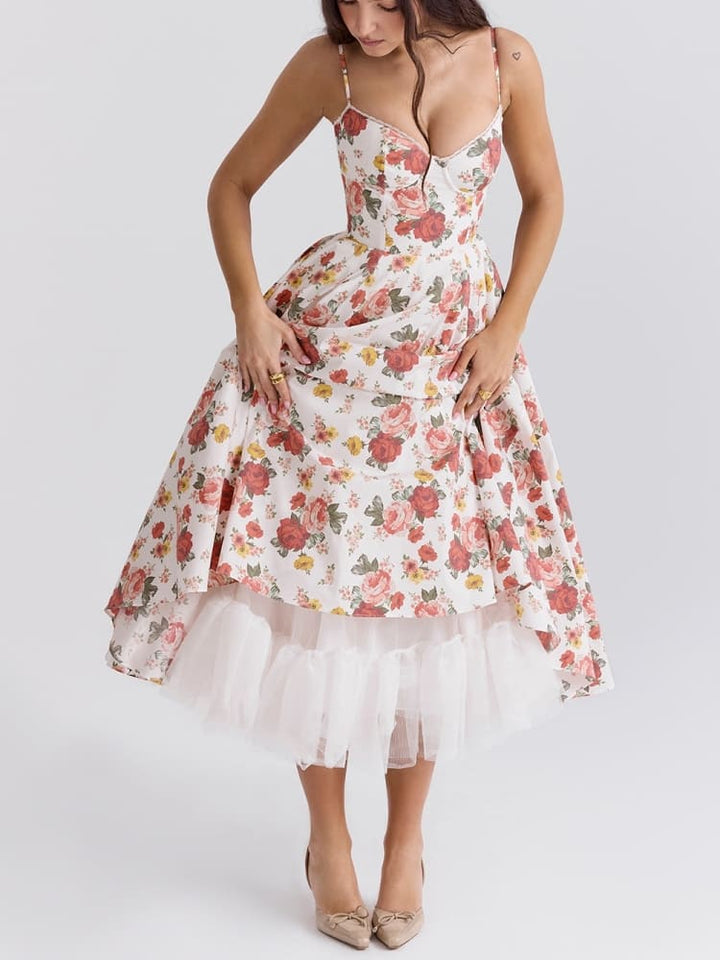Italiensk Rose Print Tulle Midi-kjole