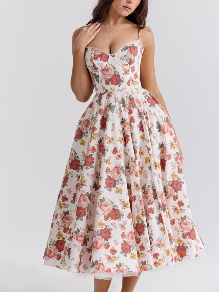 Italiaanse midi-jurk van tule met rozenprint