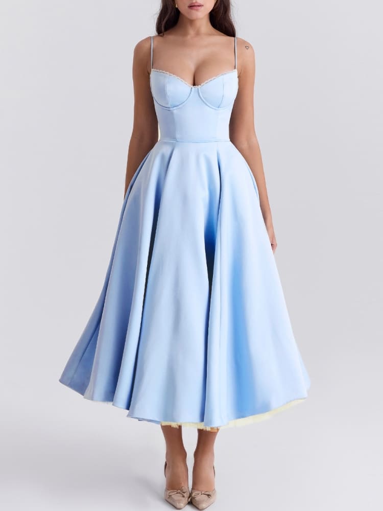 blue tulle midi dress Lace & Beads tulle tiered bandeau midi dress in dark blue