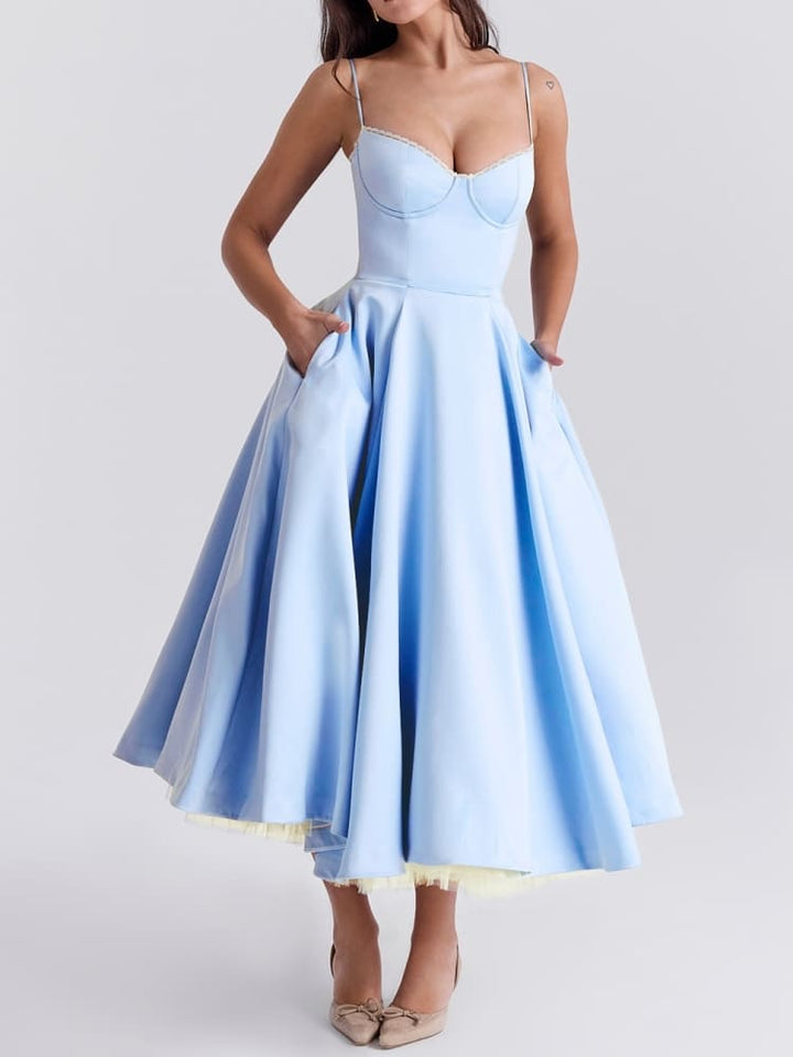 Assepoester blauwe Tule midi-jurk