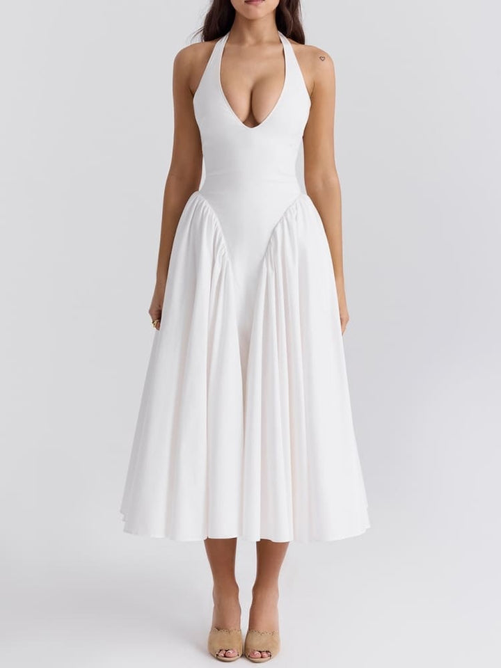 Weißes Neckholder-Midi-Sommerkleid aus Baumwolle