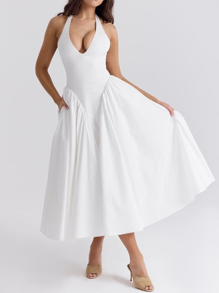 Bílé bavlněné ohlávkové midi letní šaty
