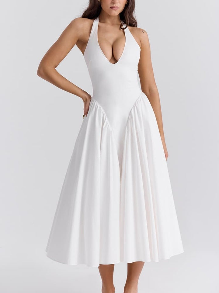 Weißes Neckholder-Midi-Sommerkleid aus Baumwolle