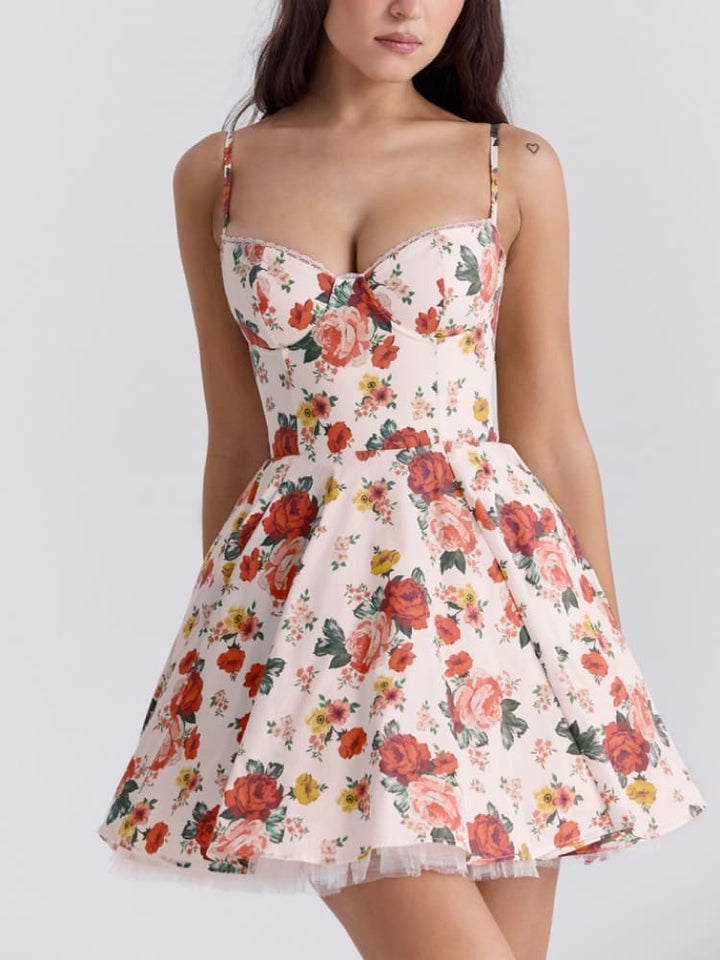 Italiaanse mini-jurk van tule met rozenprint