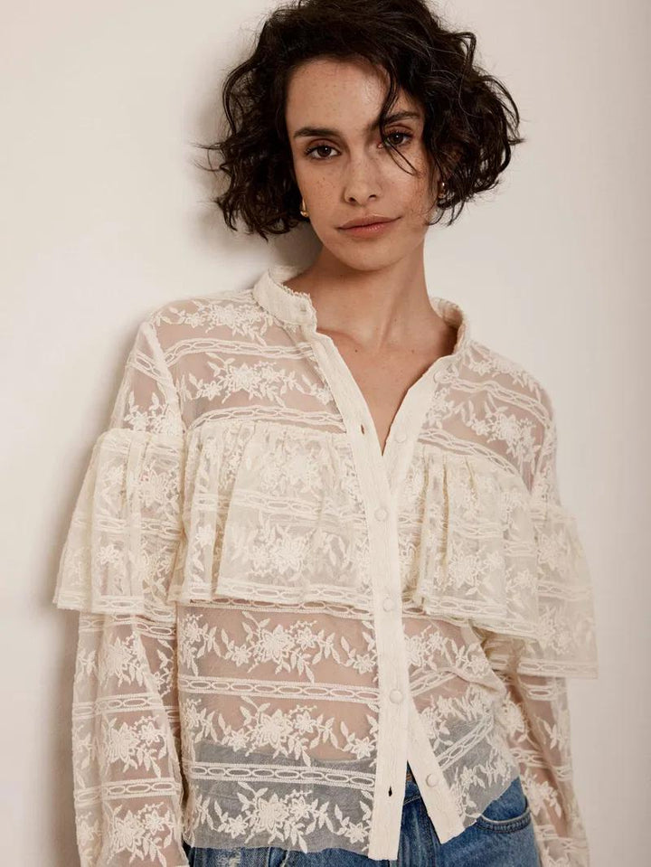 Bohemian Sheer Lace Ruffled Blouse