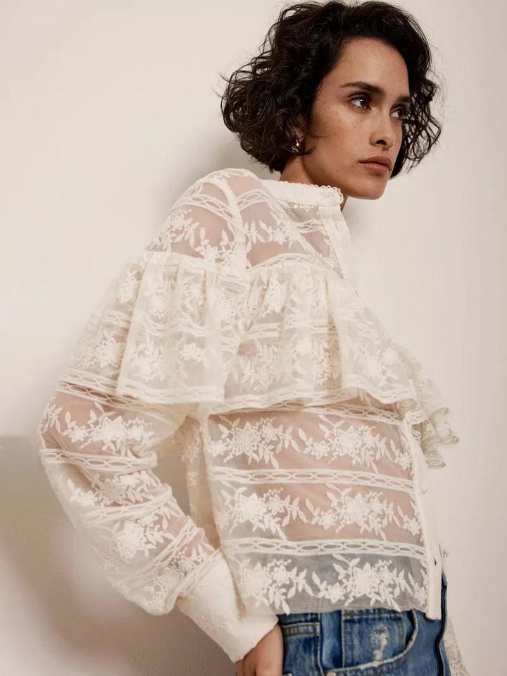 Bohemian Sheer Lace Ruffled Blouse