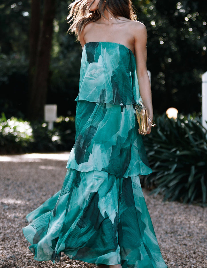 Calista Green Bloom Stropløs Maxi-kjole i lag