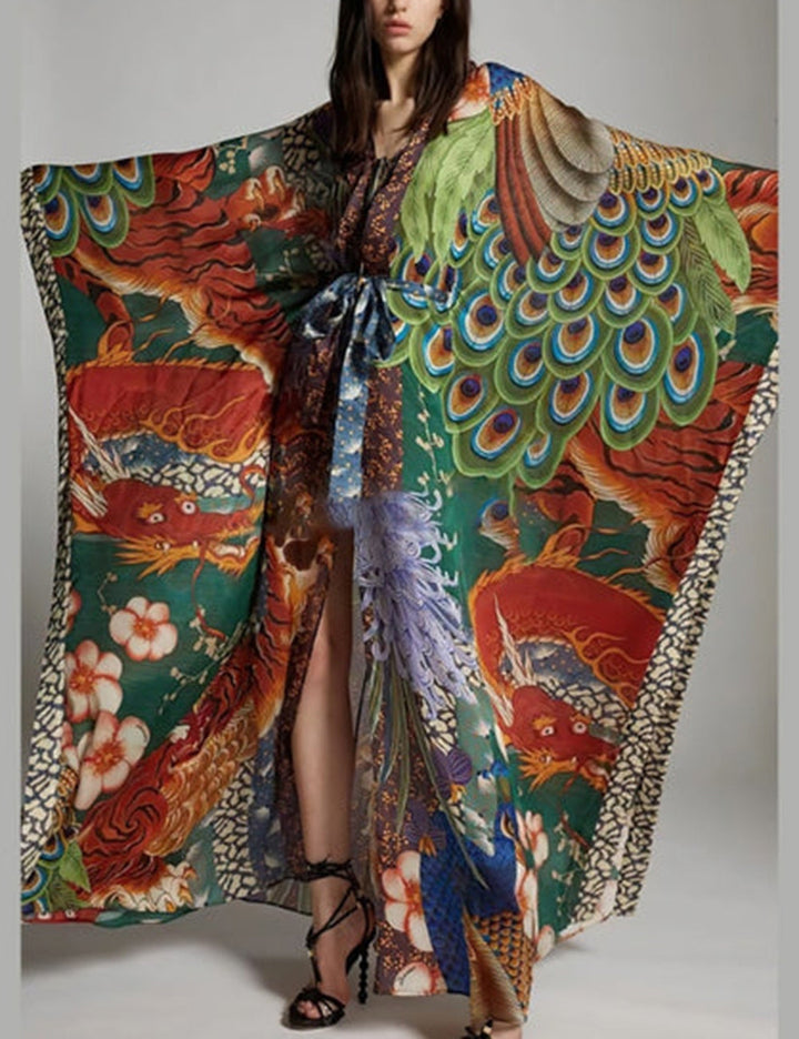 Phoenix Baskılı Kemerli Kimono