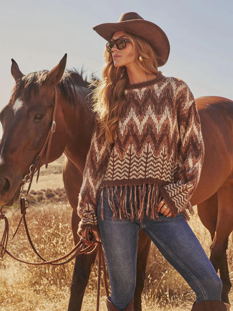 Boho Fringe Hem Aztec Print Sweater