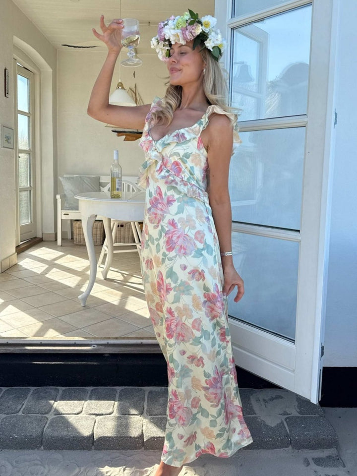 Pastel Floral Ruffle Tie-Back Maxi Dress