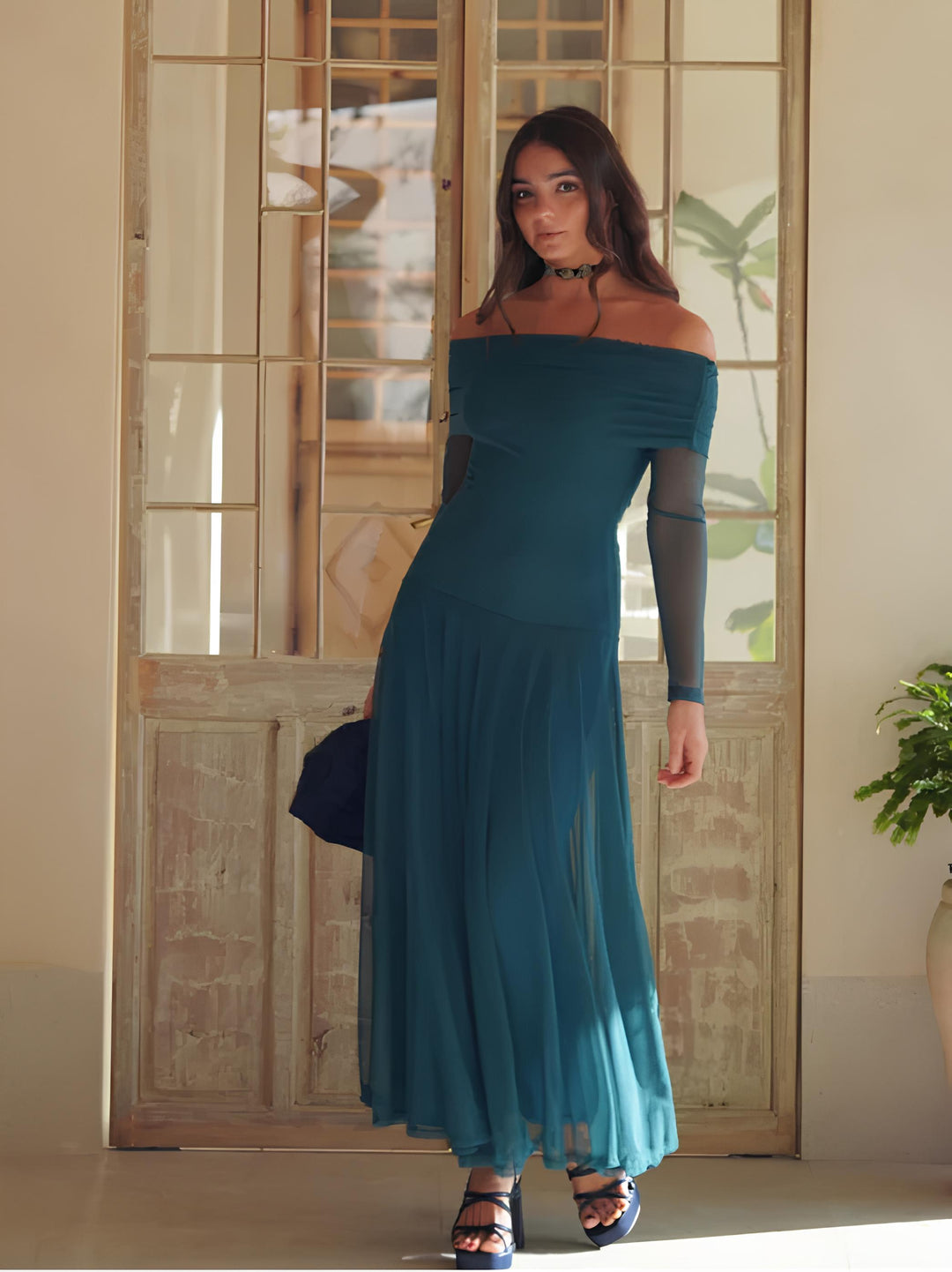 Sapphire Off-Shoulder Mesh Gown