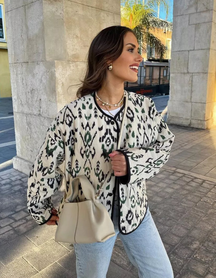 Geometric Print Quilted Manipis na Jacket