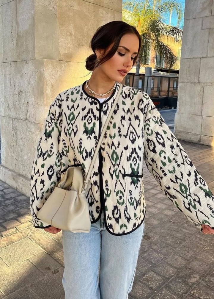 Geometric Print Quilted Manipis na Jacket