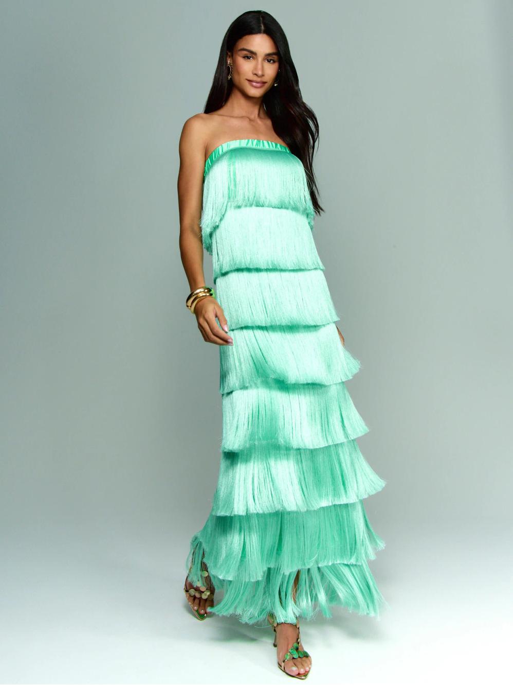 Strapless Fringe Satin Gown