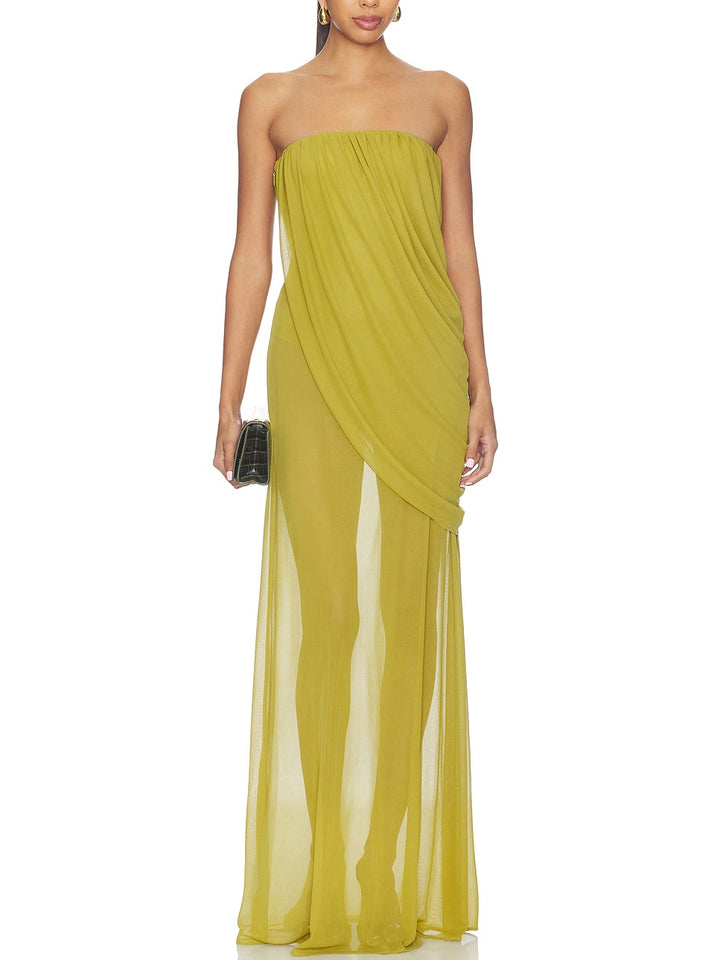 Vestido transparente sin tirantes drapeado