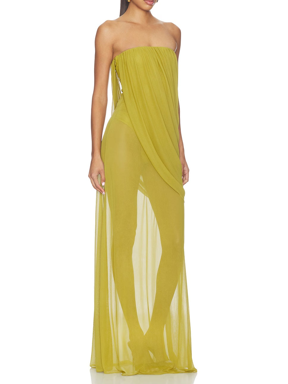 Vestido transparente sin tirantes drapeado