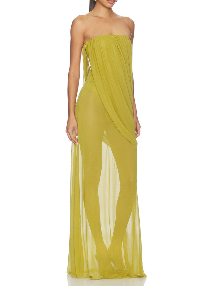Vestido transparente sin tirantes drapeado