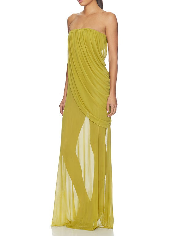 Vestido transparente sin tirantes drapeado